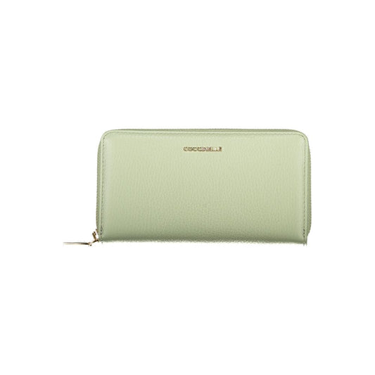 Coccinelle Green Leather Women Wallet with zip closure and logo, featuring premium shimmery leather, ideal for contemporary elegance.