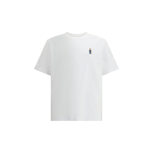 Maison Kitsuné White Cotton T-Shirt with embroidered Dressed Fox patch on chest, featuring ribbed crew neck and short sleeves for everyday wear.