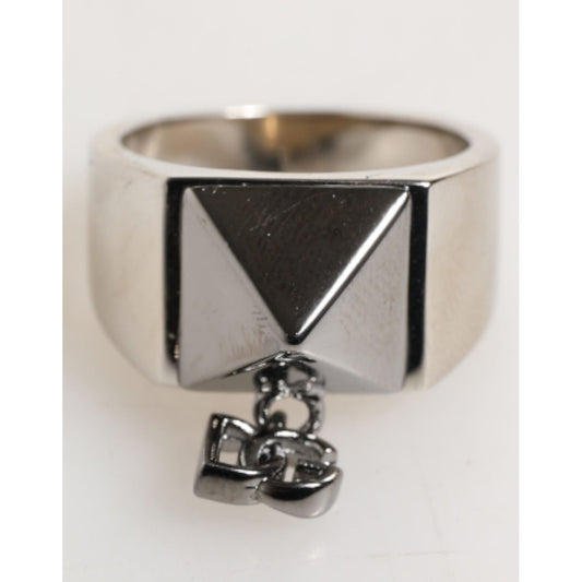 Dolce & Gabbana Silver Tone Pyramid DG Logo Real Brass Ring with bold geometric design and polished finish.
