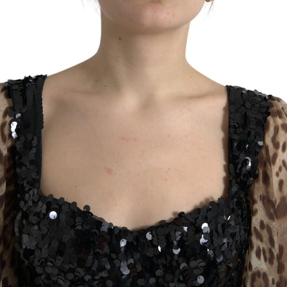 Dolce & Gabbana Leopard Print Silk Sequin Ruffle Maxi Dress