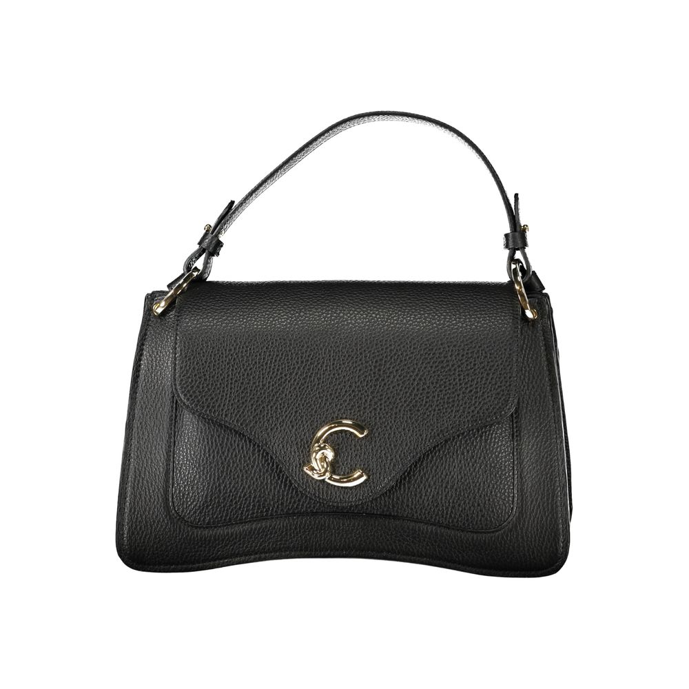 Coccinelle Black Leather Handbag with adjustable strap, two compartments, and logo clasp.