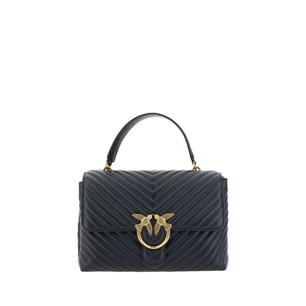 PINKO Love Lady Handbag in calfskin, featuring gold-plated Love Birds logo, quilted design, and removable chain shoulder strap.