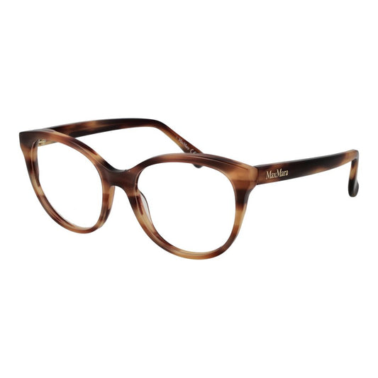Max Mara Brown Women Glasses Frame in acetate with round full-rim style, demo lenses, and branded case.