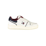 Tommy Hilfiger White Leather Men Sneaker with logo and contrasting details, side view on a white background.