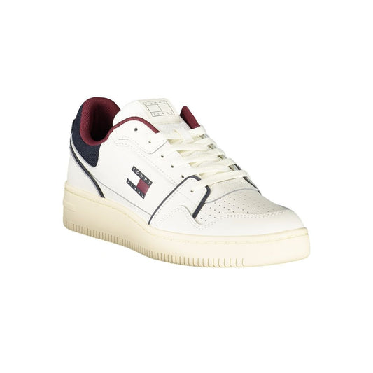Tommy Hilfiger White Leather Men Sneaker with bold contrasting details and iconic logo for a stylish look.
