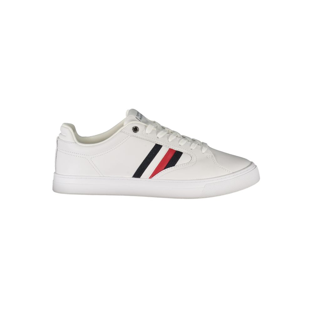 Tommy Hilfiger White Leather Men Sneaker featuring iconic logo and stripes, sleek design with laces, side view