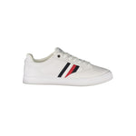Tommy Hilfiger White Leather Men Sneaker featuring iconic logo and stripes, sleek design with laces, side view