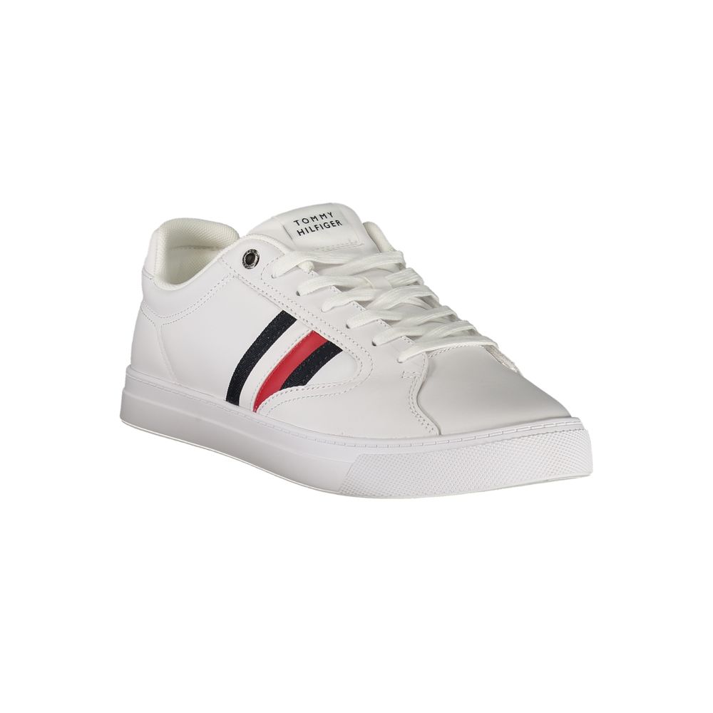 Tommy Hilfiger White Leather Men Sneaker with iconic logo and sleek design, showcasing laces and comfortable footbed for fashion-forward individuals.