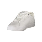 Tommy Hilfiger White Leather Men Sneaker with logo and laces, featuring a sleek design and removable footbed for comfort.
