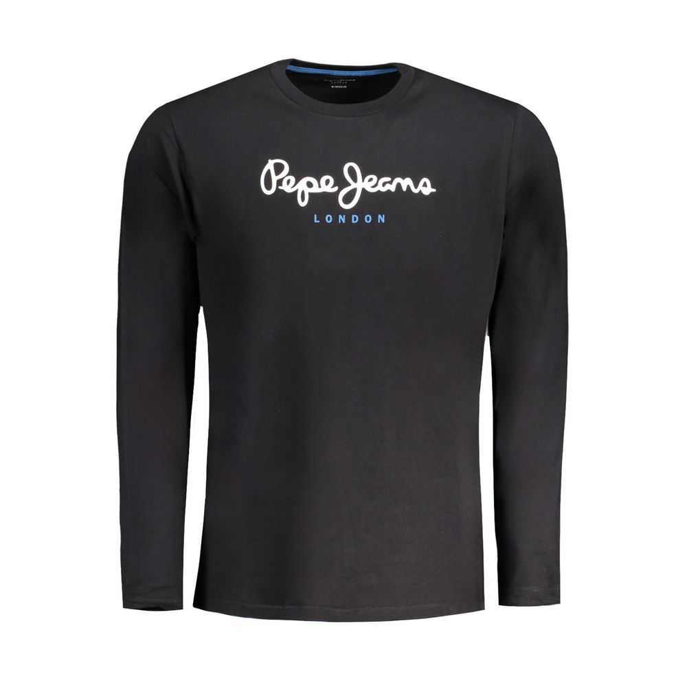 Pepe Jeans Black Cotton T-Shirt, long sleeve, crew neck, logo print, regular fit, 100% sustainable cotton for eco-friendly fashion.