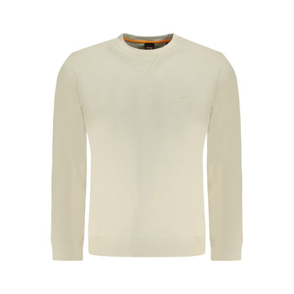 Hugo Boss Beige Cotton Men Sweater - long sleeve crew neck with embroidered signature logo, luxury fashion essential.