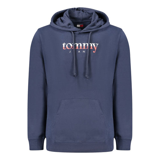 Front view of Tommy Hilfiger Blue Cotton Men Sweater featuring hood and central pocket with iconic logo.