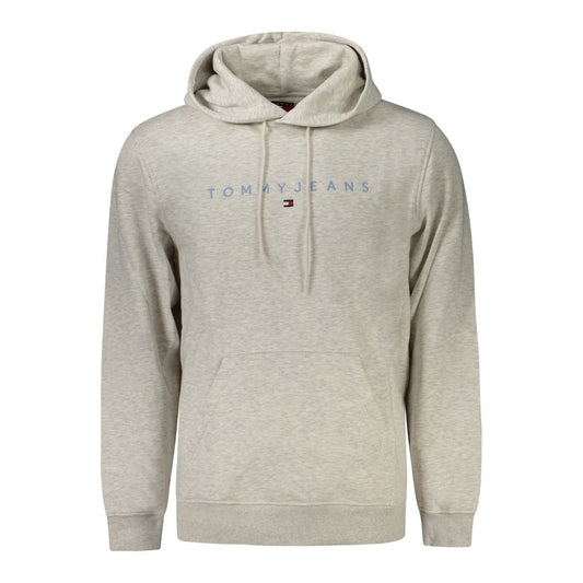 Tommy Hilfiger Gray Cotton Men Sweater with logo embroidery and central pocket, long-sleeved eco-conscious hoodie.