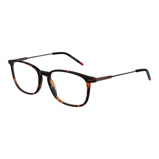 Hugo Boss Brown Men Glasses Frame, acetate material, full-rim rectangle style, demo lenses, 54mm width, spring hinge, branded case included.