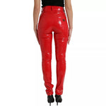 Dolce & Gabbana Red High Waist Skinny Trouser Shiny Pants with zipper closure and logo details, rear view of exclusive high comfort design.