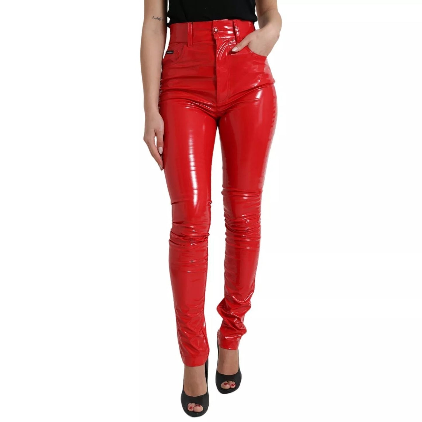 Dolce & Gabbana Red High Waist Skinny Trouser Shiny Pants, polyester, zipper closure, logo detail, Italian-made luxury fashion.