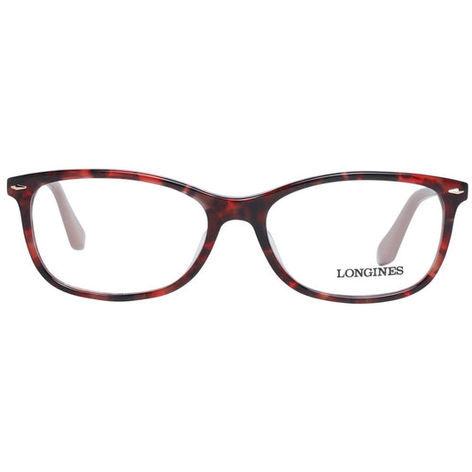 Longines Red Women Glasses Frame, square style, full-rim plastic, demo lenses, size 54-16-140, includes branded case.