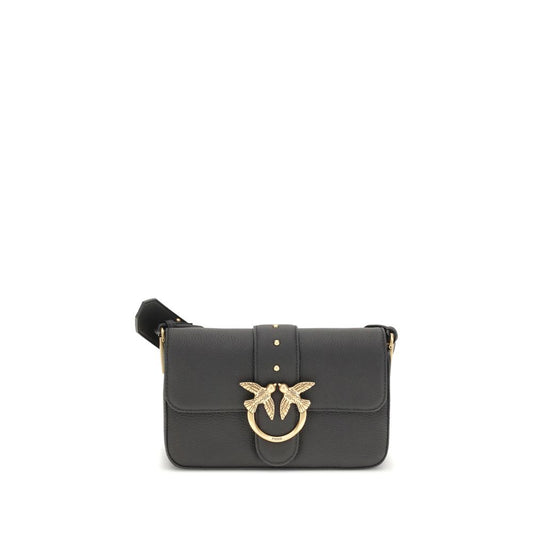 PINKO Love leather Shoulder Bag featuring a magnetic flap, adjustable strap, and Love Birds buckle, elegant black design.