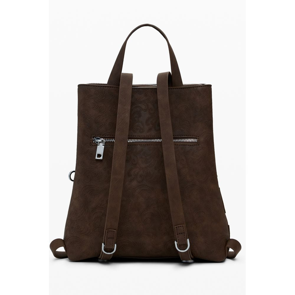 Desigual Brown Polyethylene Women Backpack with adjustable straps and front zipper, featuring stylish brown hue and studs.