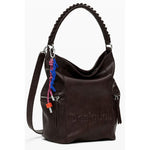 Desigual Brown Polyethylene Women Backpack with Africa-inspired logo and relief print, featuring adjustable straps and creative design.