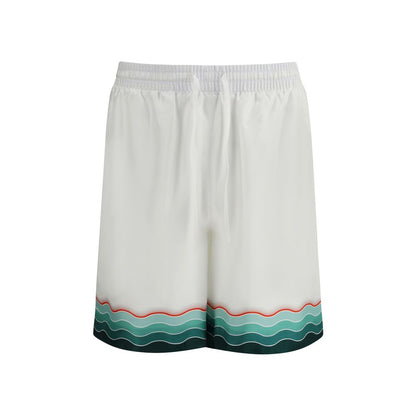 Casablanca White Silk Bermuda Shorts featuring Japanese-inspired wave print and elasticated waistband for a stylish look.
