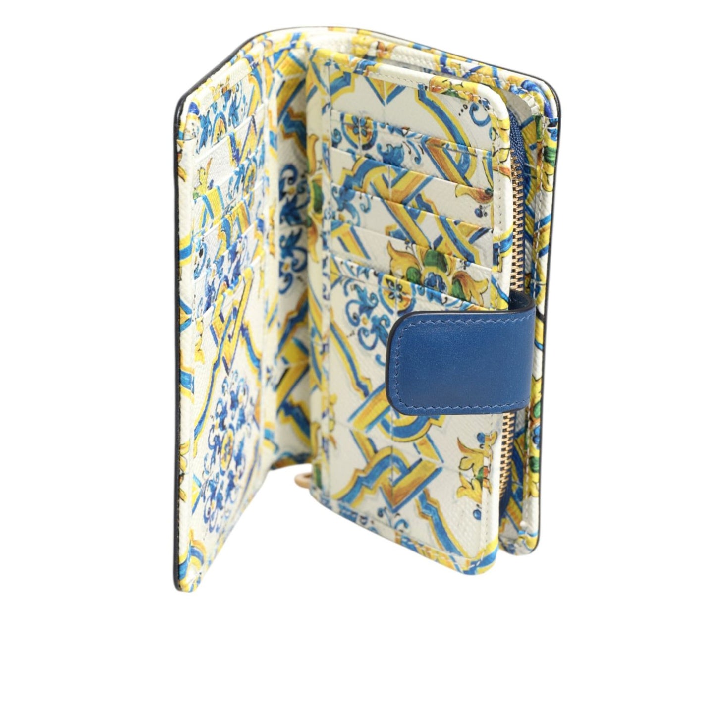 Dolce & Gabbana Blue Leather Continental Tile Print Zip Card Holder Purse Wallet