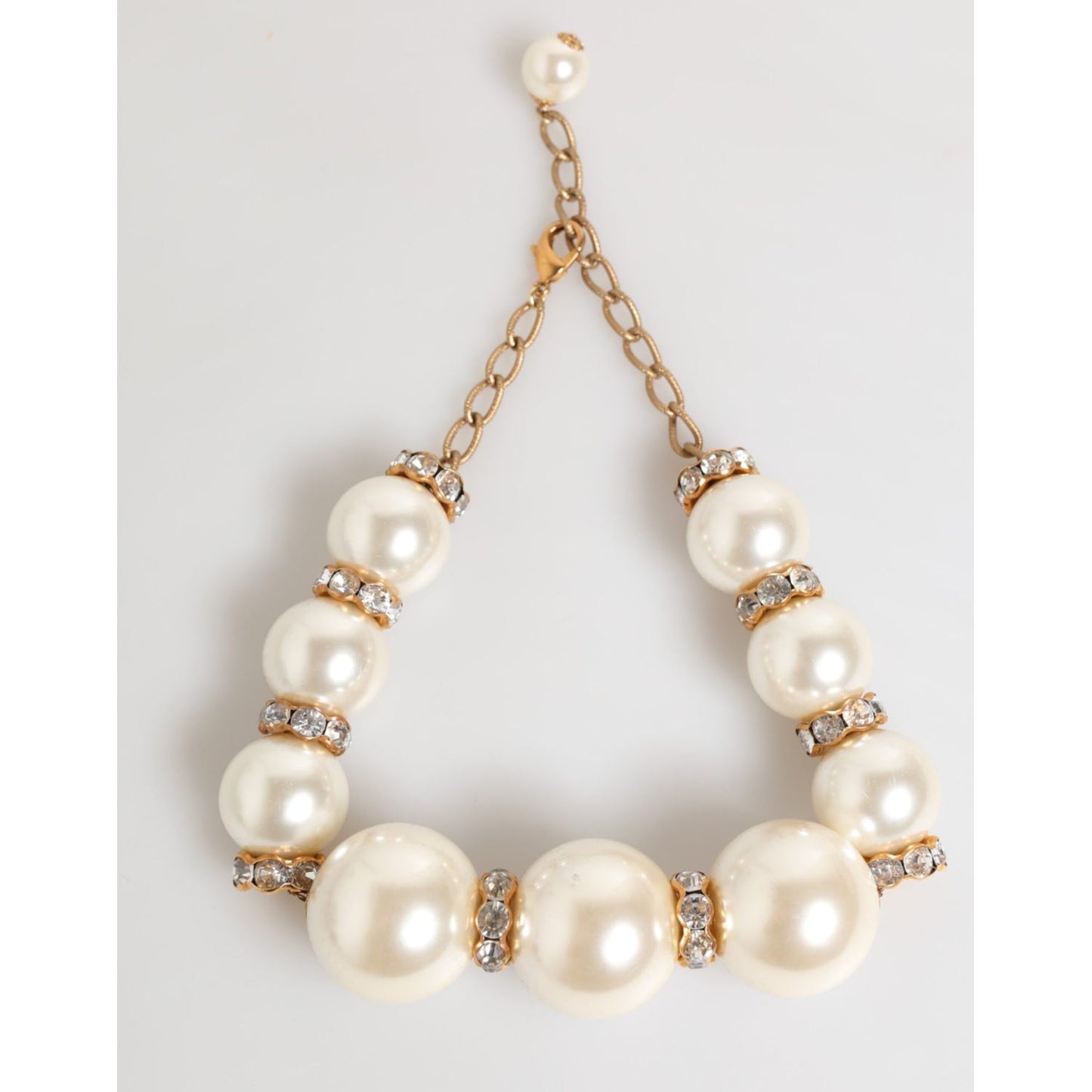 Dolce & Gabbana Gold Brass Faux Pearl Crystal Statement Luxury Jewelry Necklace with gold chain and faux pearl accents