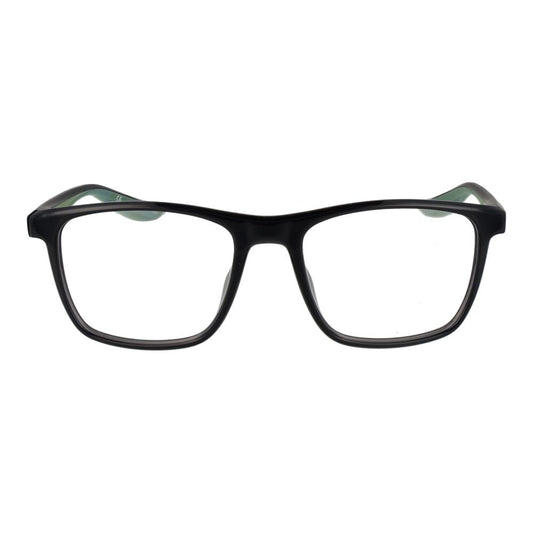 Nike Gray Unisex Glasses Frame, full-rim square style with black color, stainless steel material, plastic demo lenses, size 53-18-140.