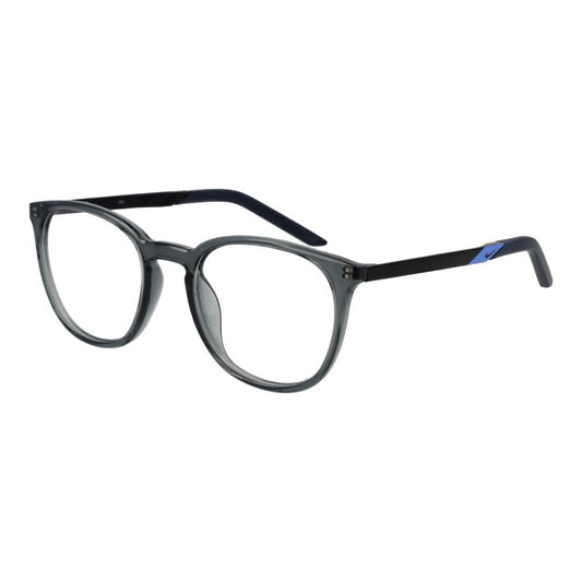 Nike Gray Unisex Glasses Frame, full-rim metal frame, gray color, demo plastic lenses, size 51-20-145, round style, no spring hinge.