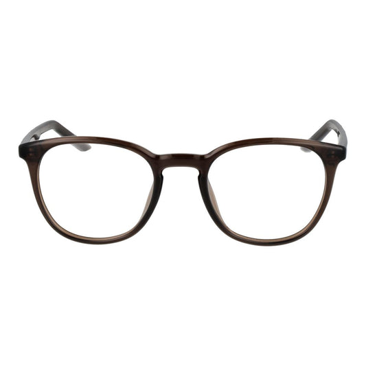 Nike Beige Unisex Glasses Frame, stainless steel full-rim, demo lenses, brown color, size 49-20-145, stylish round design.