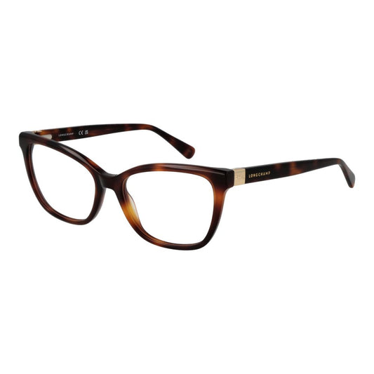 Longchamp Brown Women Glasses Frame, full-rim acetate cat eye style with demo lenses, 54-17-140 size, includes branded case.