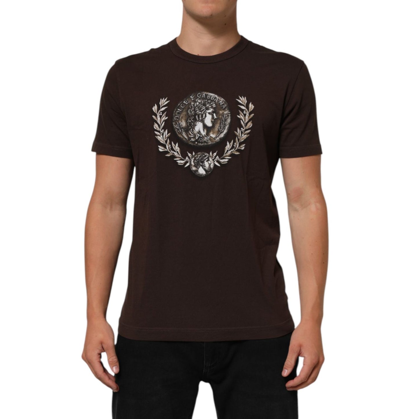 Dolce & Gabbana Brown Coin Laurel Print Men Crew Neck T-shirt featuring intricate regal design