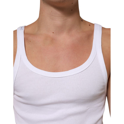 Model wearing Dolce & Gabbana White Sleeveless Round Neck Tank Top T-shirt, 100% cotton, showcasing classic style and comfort.