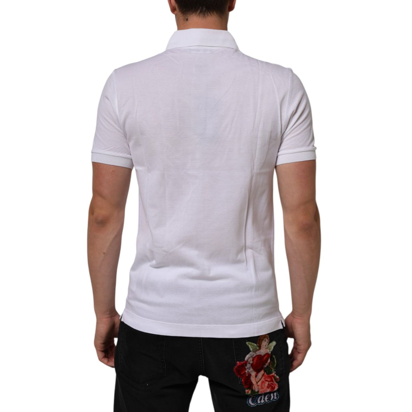 Back view of Dolce & Gabbana White Collared Short Sleeves Polo Men T-shirt, featuring a classic fit and high-quality cotton material.