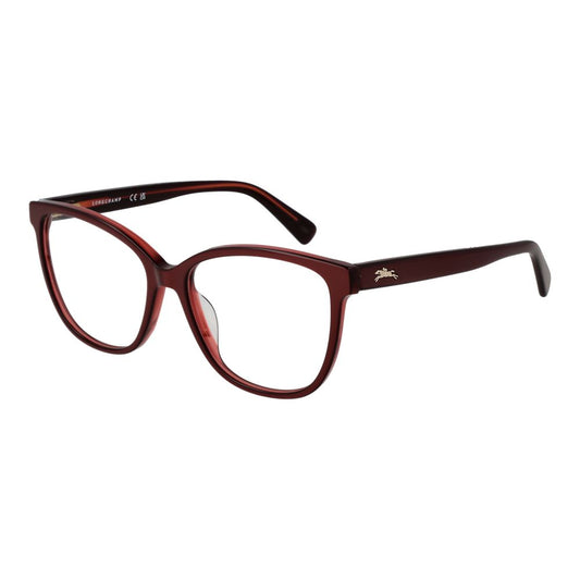 Longchamp Red Women Glasses Frame, acetate full-rim butterfly style with demo lenses, 53-15-140 size, includes branded case.