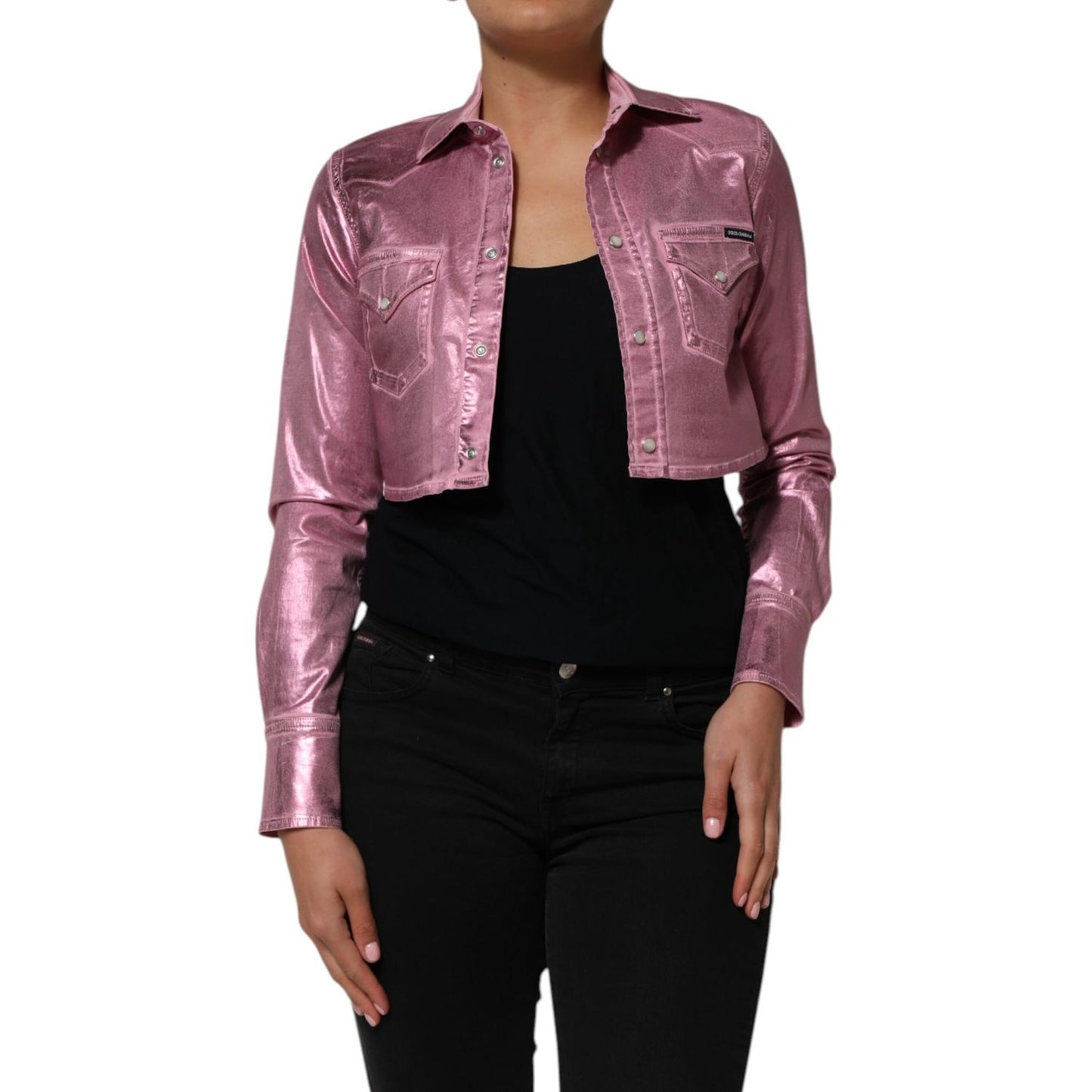 Dolce & Gabbana Pink Cotton Stretch Collared Cropped Jacket with long sleeves, stylish and versatile fashion piece for modern layering.