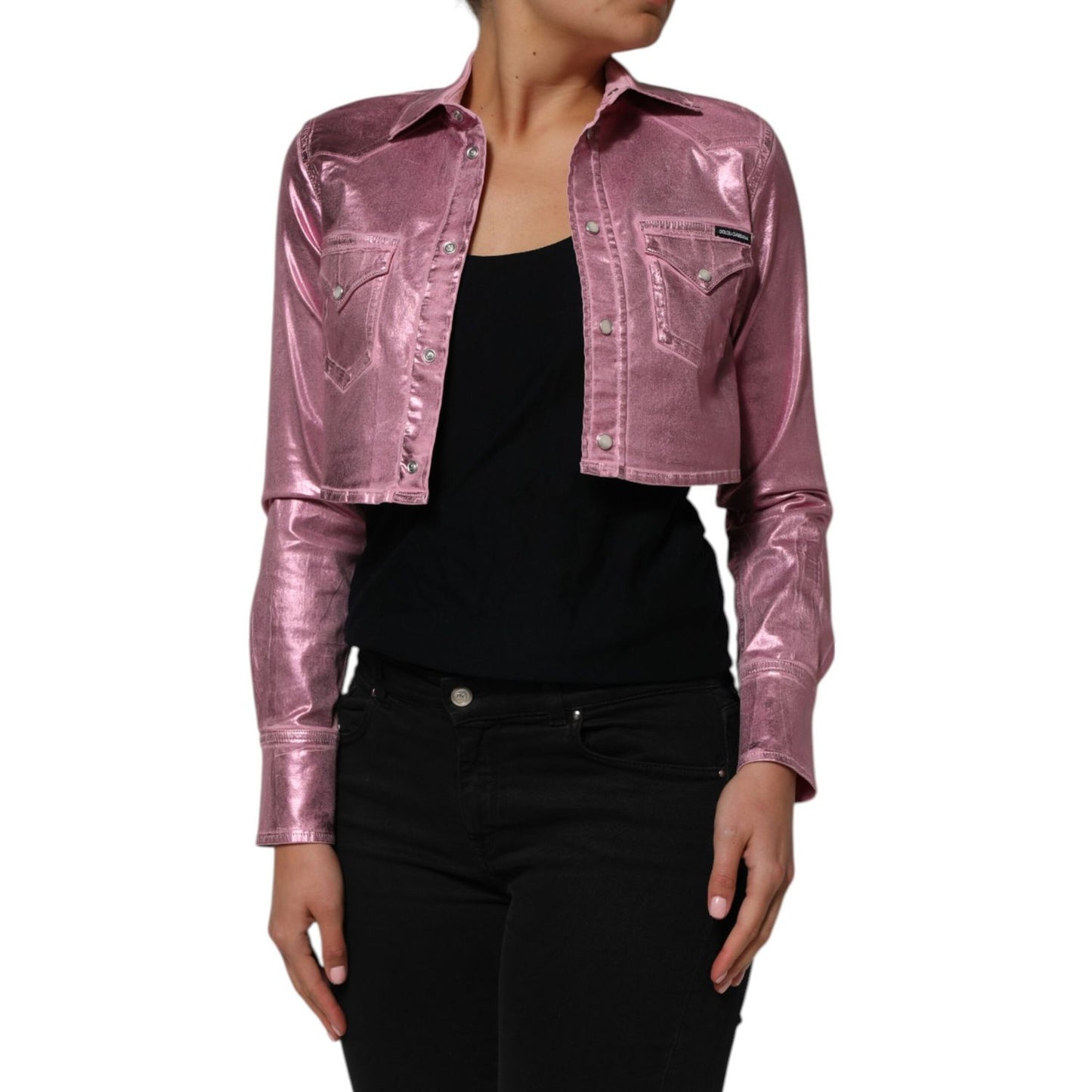 Dolce & Gabbana Pink Cotton Stretch Collared Cropped Jacket for women, styled with black top and jeans, showcasing chic and modern look.