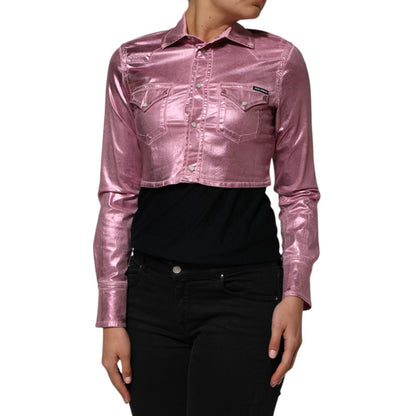Dolce & Gabbana Pink Cotton Stretch Collared Cropped Jacket on model, featuring long sleeves and a shiny pink finish.