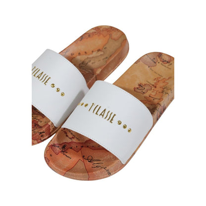 Alviero Martini Prima Classe White Polyethylene Slippers with map design and logo detailing.