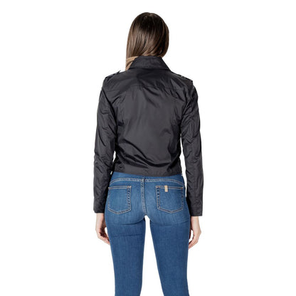 Back view of Blauer Black Polyamide Biker Jacket worn by a model with jeans.