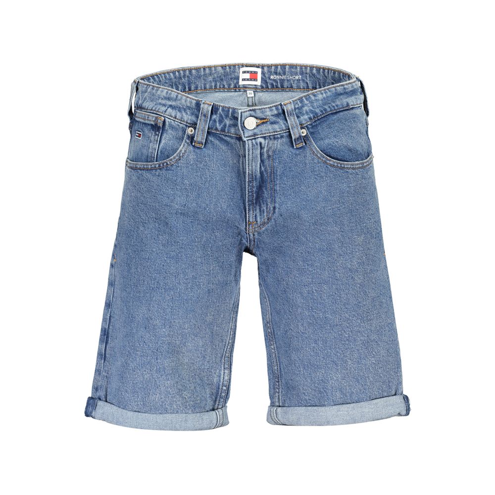Tommy Hilfiger Blue Cotton Short featuring washed effect, 5 pockets, embroidery, logo, organic cotton, button and zip closure.