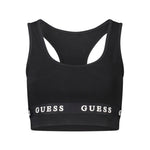 Alt Tag: Guess Jeans Black Cotton Shirt sports top with halter shoulder straps, logo print on black fabric.