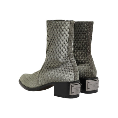 Dolce & Gabbana Gray Cotton Velvet Mid Calf Short Boots Shoes