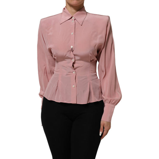 Dolce & Gabbana Pink Silk Collared Long Sleeves Blouse Top