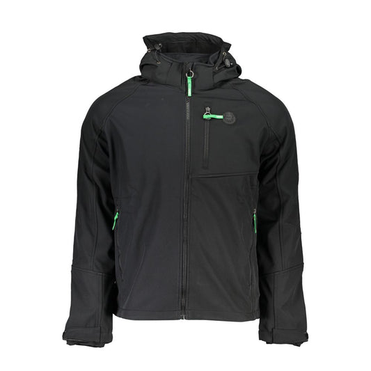 Gianmarco Venturi Black Polyester Jackets & Coat with removable hood, soft shell, and contrast details.