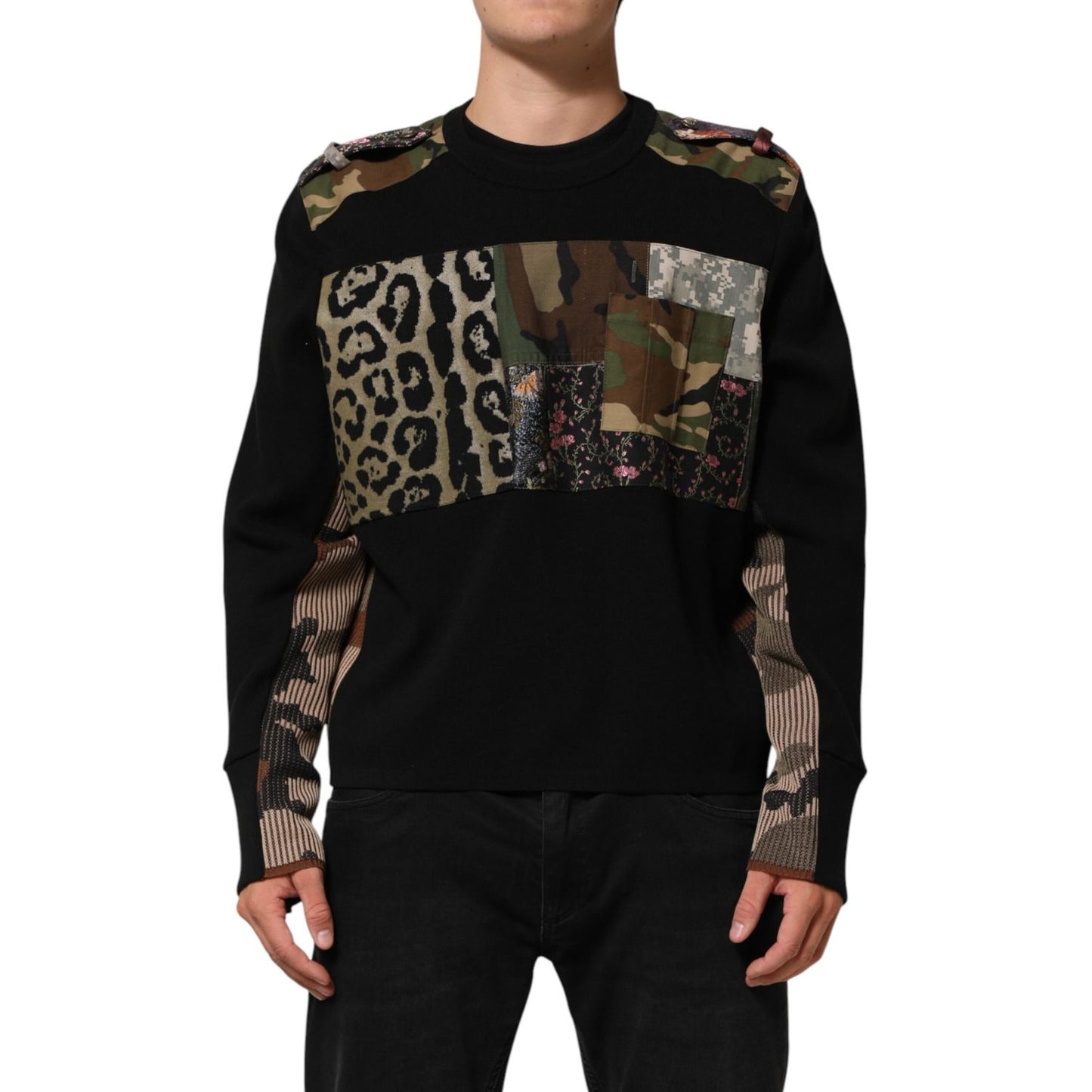 Dolce & Gabbana Black Patchwork Crew Neck Pullover Sweater