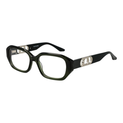 Trussardi Green Acetate Glasses (Frames) for women, full-rim rectangle style with 52-17-145 size, demo lenses, spring hinge included.