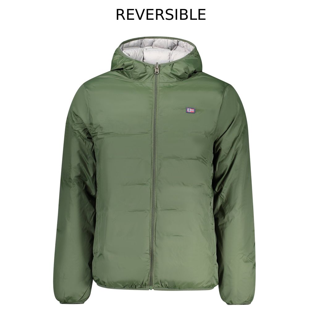 Alt Tag: Norway 1963 Green Polyester Men's Reversible Jacket with hood and applique logo, perfect blend of style and practicality.
