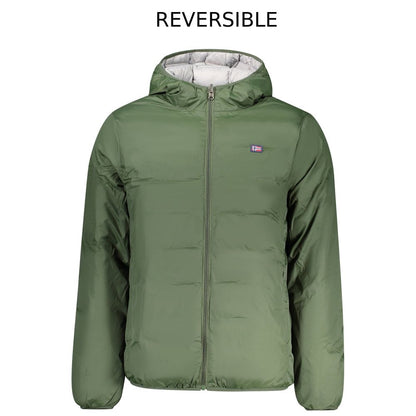 Alt Tag: Norway 1963 Green Polyester Men's Reversible Jacket with hood and applique logo, perfect blend of style and practicality.