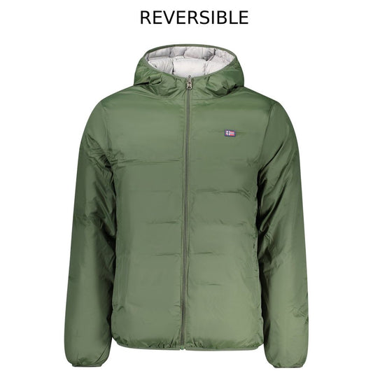 Alt Tag: Norway 1963 Green Polyester Men's Reversible Jacket with hood and applique logo, perfect blend of style and practicality.